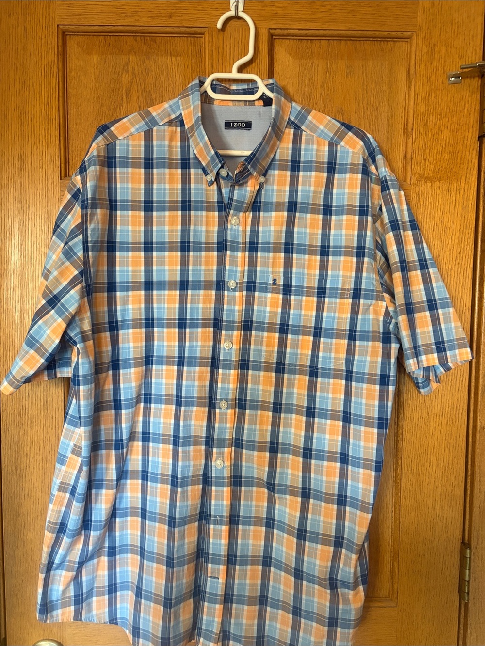 Izod Short-Sleeve Plaid Button-Down Shirt in Blue and Orange